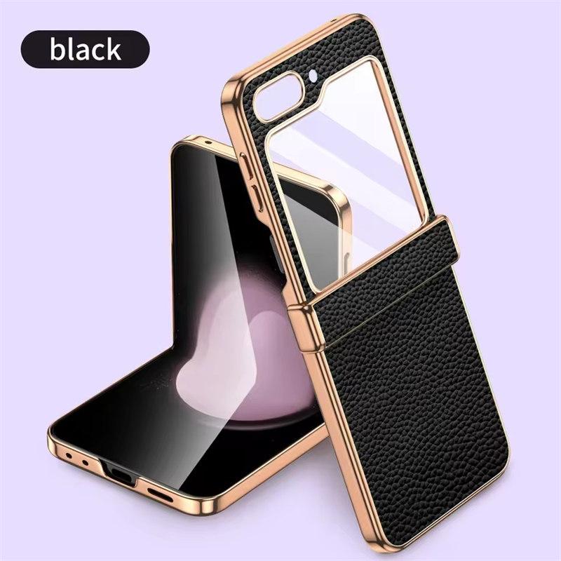 Cowhide Leather Phone Case for Samsung Galaxy Z Flip6 Flip5 Flip 6 5 ZFlip5 Luxury Hinge Protection Cover with Tempered Glass