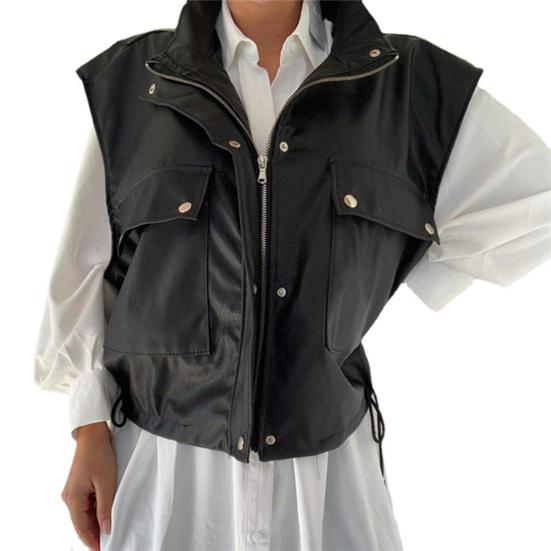 High Quality Side Drawstring Cool Stylish Women Fashion Faux Leather Motorcycle Vest For Dialy Wear Jacket