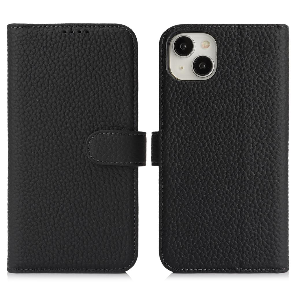 For iPhone 13 mini Stand Case Litchi Texture Genuine Cow Leather Wallet Phone Cover RFID Blocking