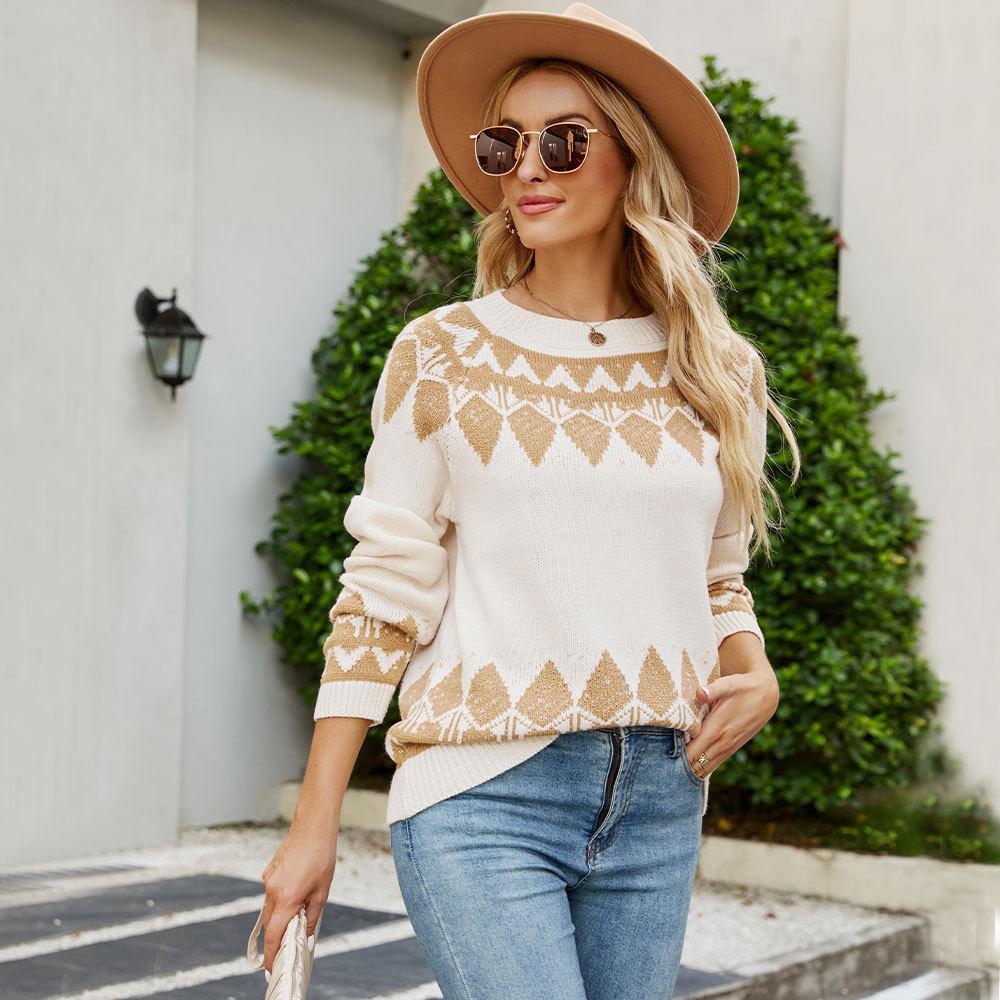 Autumn and Winter Women's Sweater Vintage Jacquard Knit Sweater Ladies Round Neck Long Sleeve Pullover Sweater