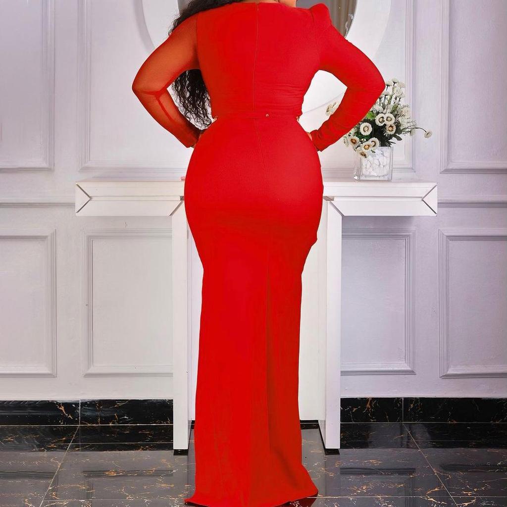 Платье-рубашка с разрезом из сетчатой ткани, однотонное, европейская и американская мода больших размеров, длинная юбка