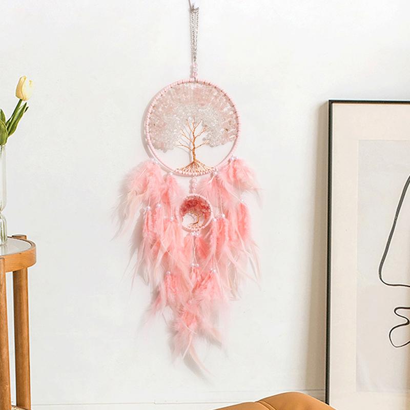 Tree Of Life Dream Catcher Handmade Pink Gravel Wall Hangings Feather Craft Home Decor Wind Chimes Dreamcatchers Room Decorate Quality