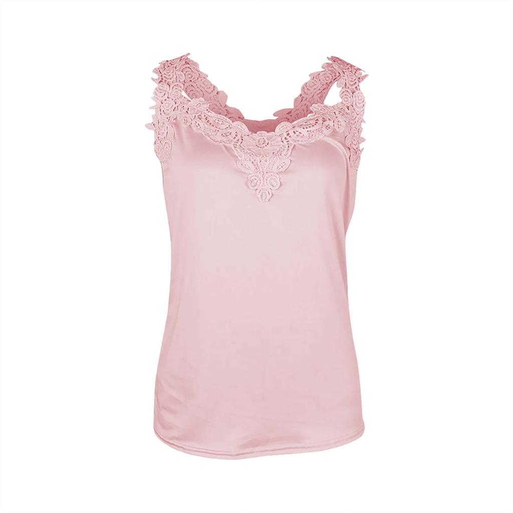Summer Solid Lace Panel Tank Tops Women V Neck Sleeveless Camisole Tops Casual Oversized Crop Tops Tunic Blouse Clothes Chic