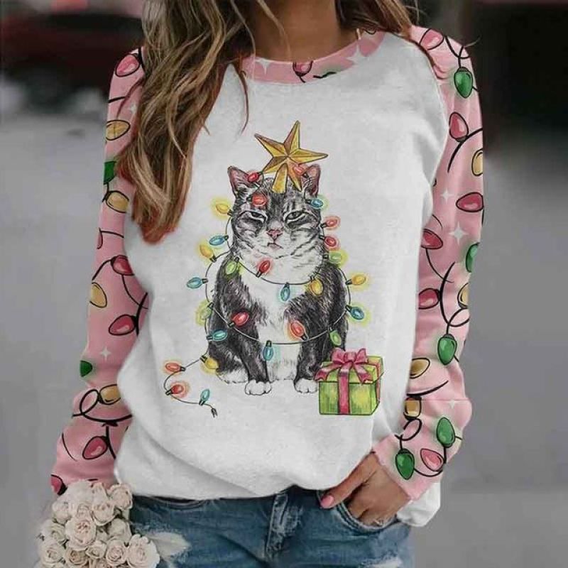 Женские топы с круглым вырезом, забавный милый кот, Повседневная толстовка с принтом Kawaii, пуловер с рисунком животных, женская одежда