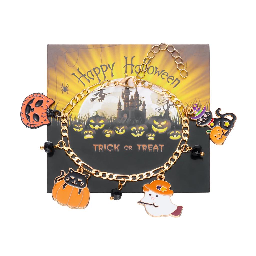 Halloween Ghost Pumpkin Black Cat Metal Chain Bracelet For Women Gold Plated Skeleton Spider Bat Bangles Festival Charm Jewelry