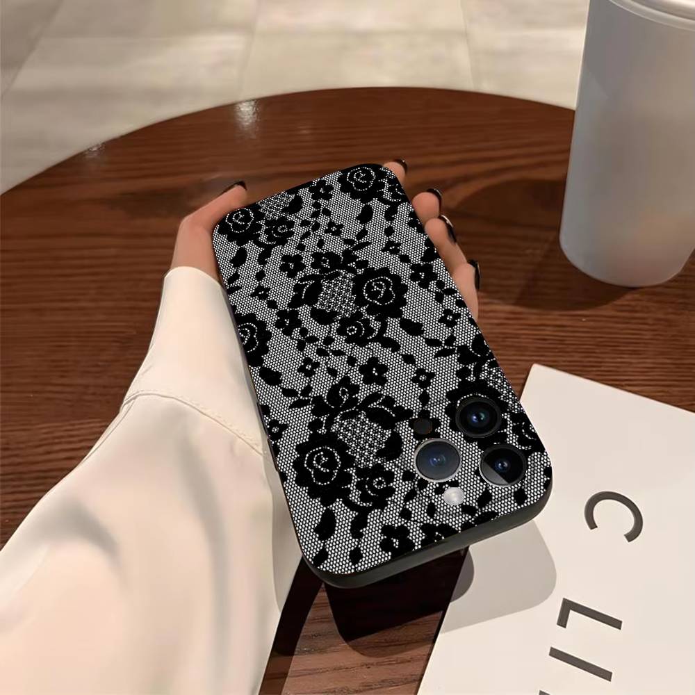Чехол с кружевным принтом для iPhone 17, 16, 15, 14, 13, 12, 11, Pro, Max, Plus, мягкий черный