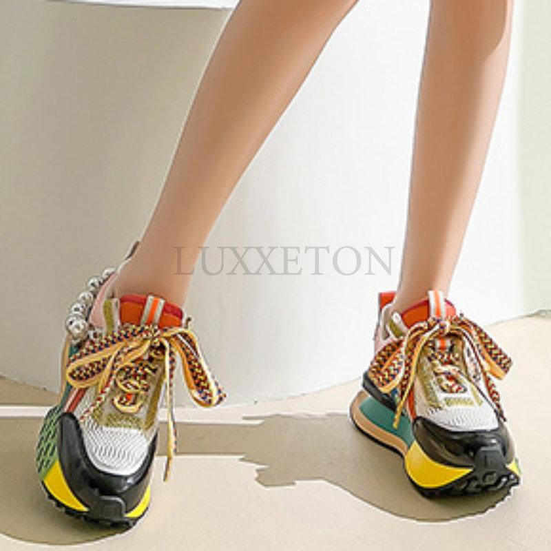 Женские кроссовки оригинального дизайна с жемчужной цепочкой, женские модные цветные повседневные кроссовки с оригинальной подошвой