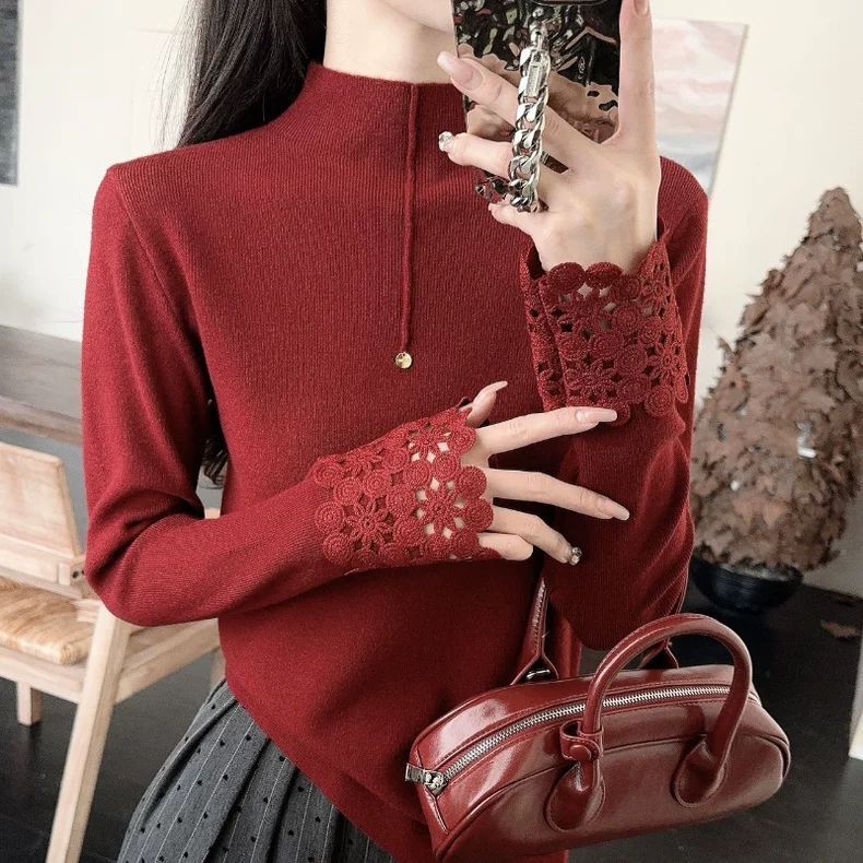 Red Sweater High-end Niche Lace Cuff Patchwork Turtleneck Knitwear Fashion Inner Base Layer Top