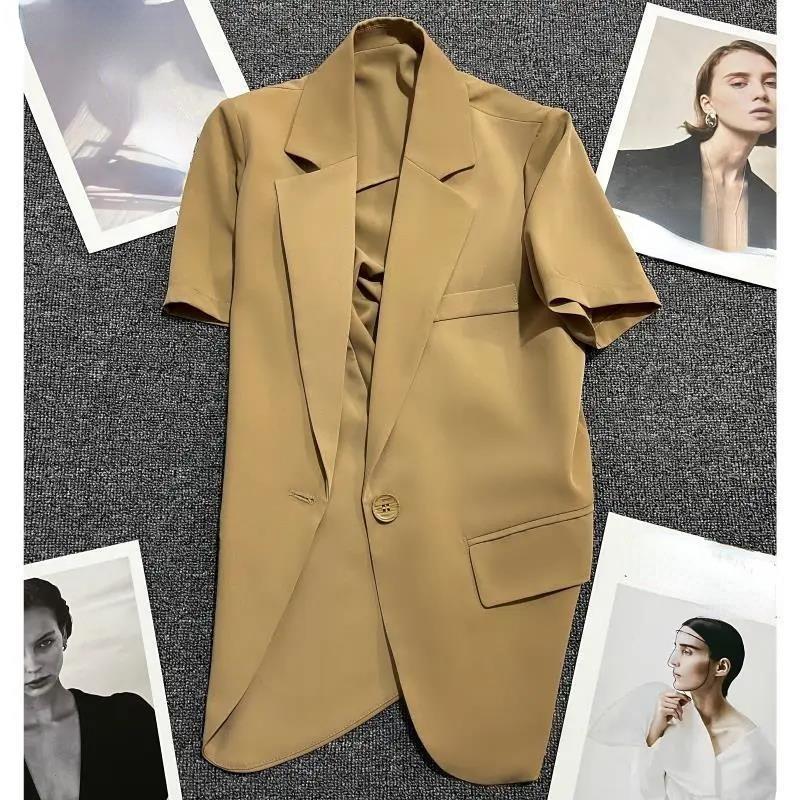 Модный однотонный свободный женский пиджак с короткими рукавами, летний тонкий срез, маленький рост, стильный, очаровательный хаки