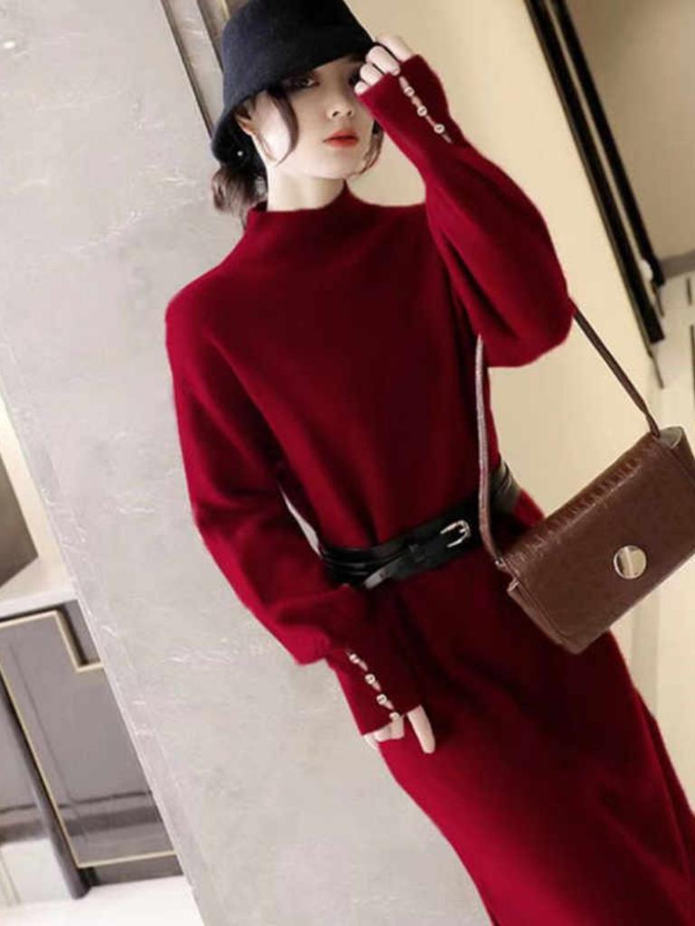 Вязаное платье женское осенне-зимнее рукава-фонарики темперамент светская львица новинка пояс на талии полувысокое горло свитер длинное платье