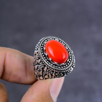Кольцо из серебра 925 пробы с натуральным красным кораллом, размер 7 f3L49