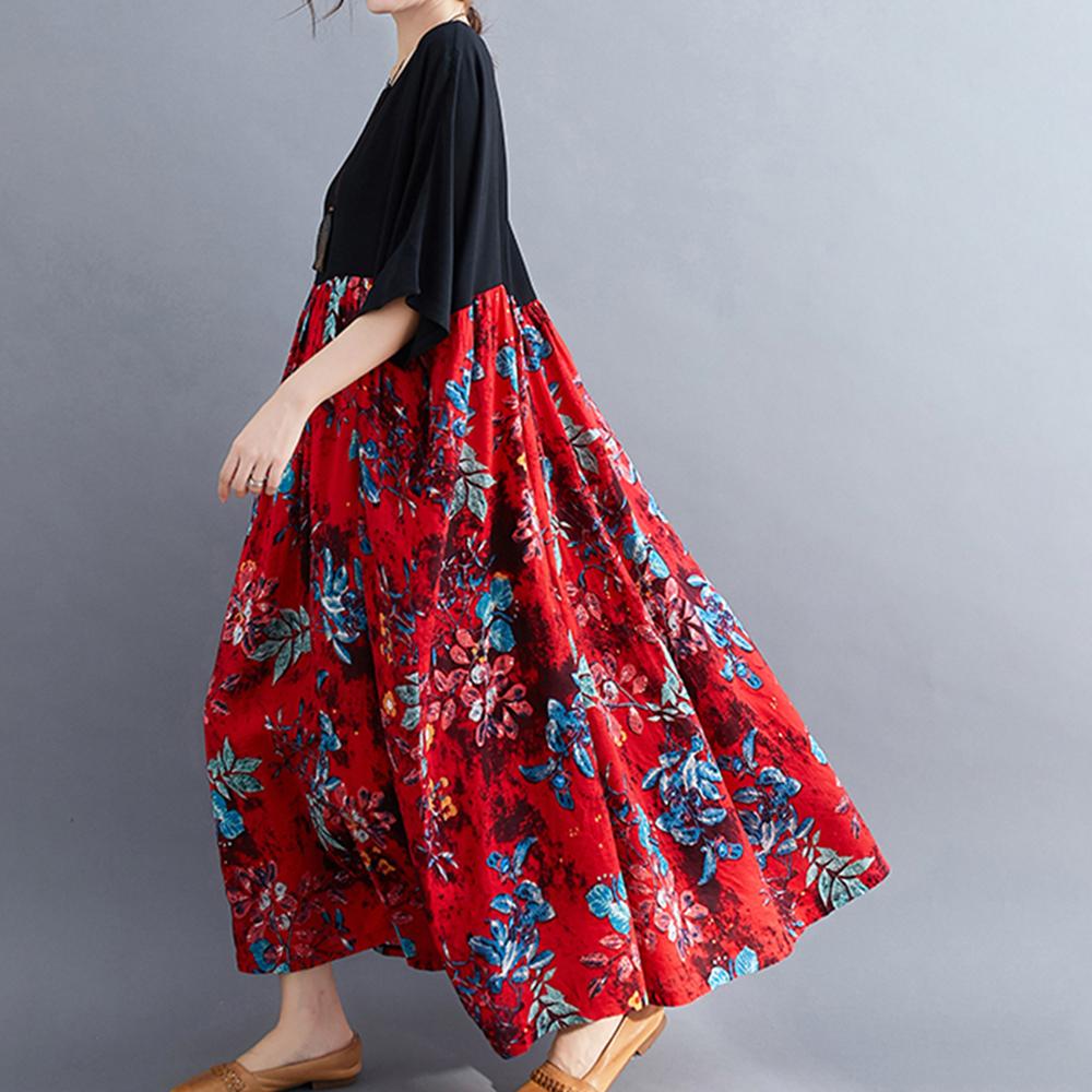 Женское хлопково-льняное платье с цветочным принтом и карманами до середины икры, свободный круглый вырез с короткими рукавами, повседневные размеры больших размеров