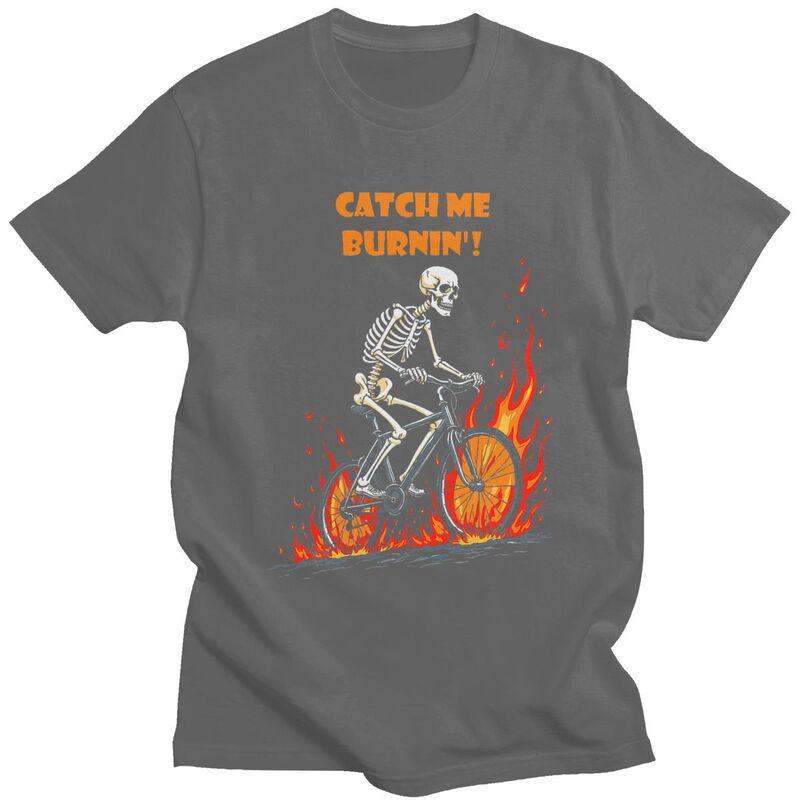 Мужские футболки с принтом 'Catch Me Burnin Bicycle Cyclist Skeleton', 100% хлопок, с коротким рукавом, модные, одежда