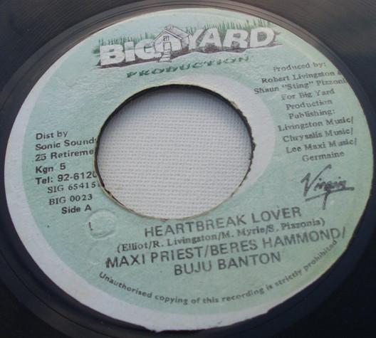 7-дюймовая пластинка MAXI PRIEST BERES HAMMOND BUJU Heartbreak Lover BIG0023 Big Yard Produc 1996 Ямайка Регги Ска Даб Б/у