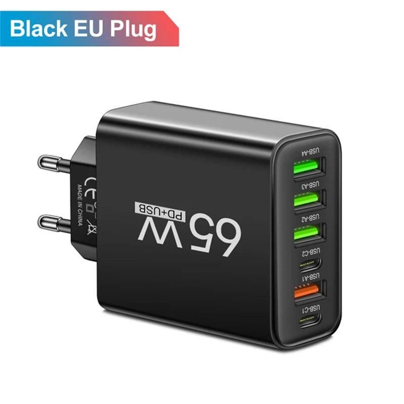 65 Вт 6 в 1 4 USB 2 Type C быстрая зарядка настенное зарядное устройство для iPhone Samsung Xiaomi Huawei Oppo мобильный телефон адаптер