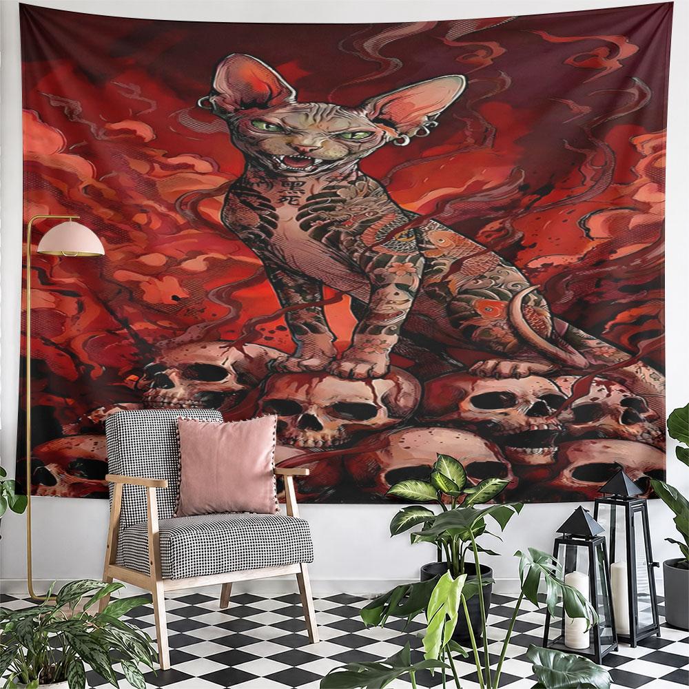 Sphynx Cat on Skull Pile with Tattoo Style Pattern Wall Hanging Tapestry Decorative Tapestry Home Decor for Bedroom and Living Room