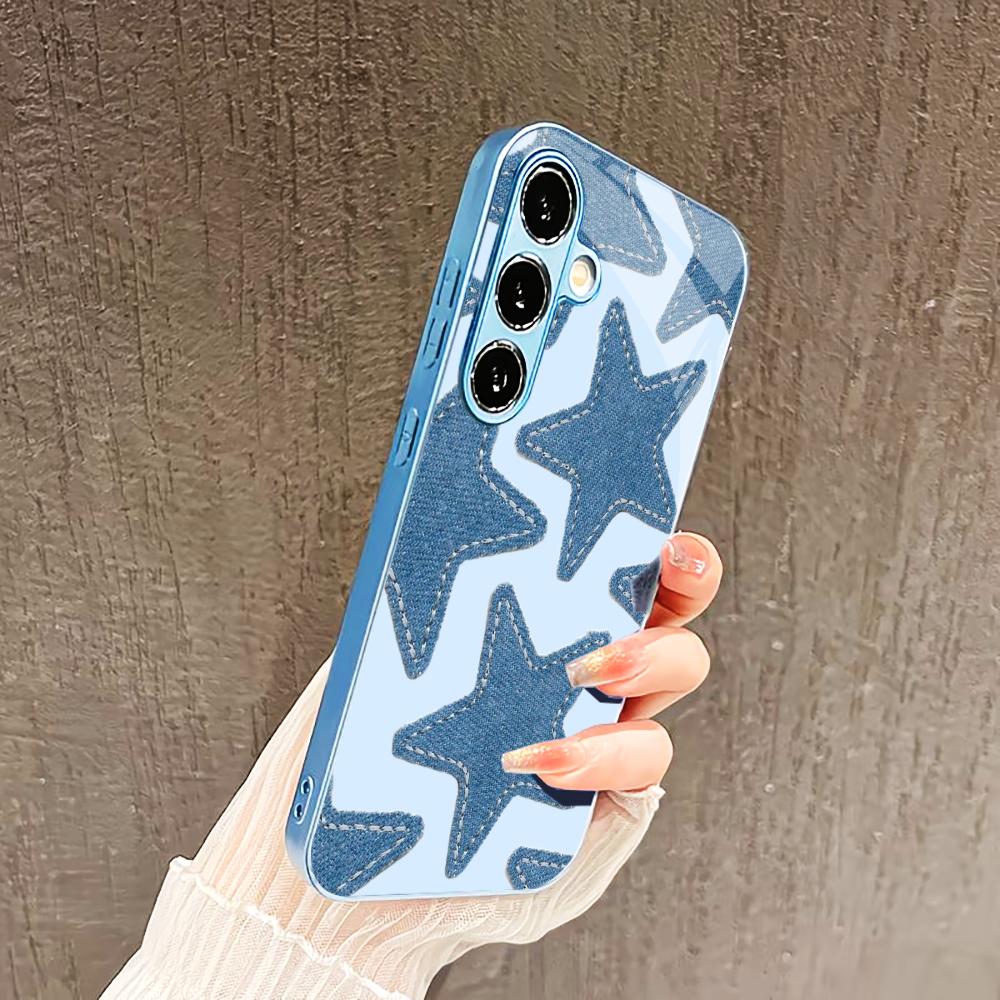 Привлекательный синий чехол со звездами для Samsung Galaxy S26 S25 S24 S23 S22 FE Ultra Plus Встроенное стекло ощущение голого телефона Мужчины женщины