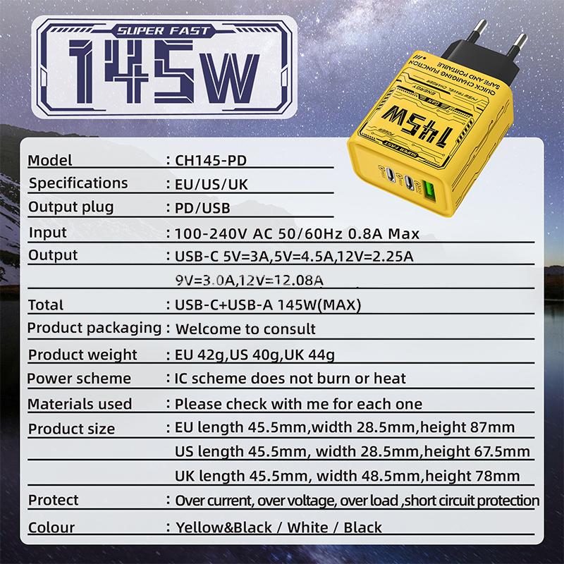 145 Вт 3 порта Type-C USB GaN Зарядное устройство для телефона Для iPhone Для Samsung Huawei Xiaomi PD Быстрая зарядка Адаптер питания для мобильного телефона Дорожный