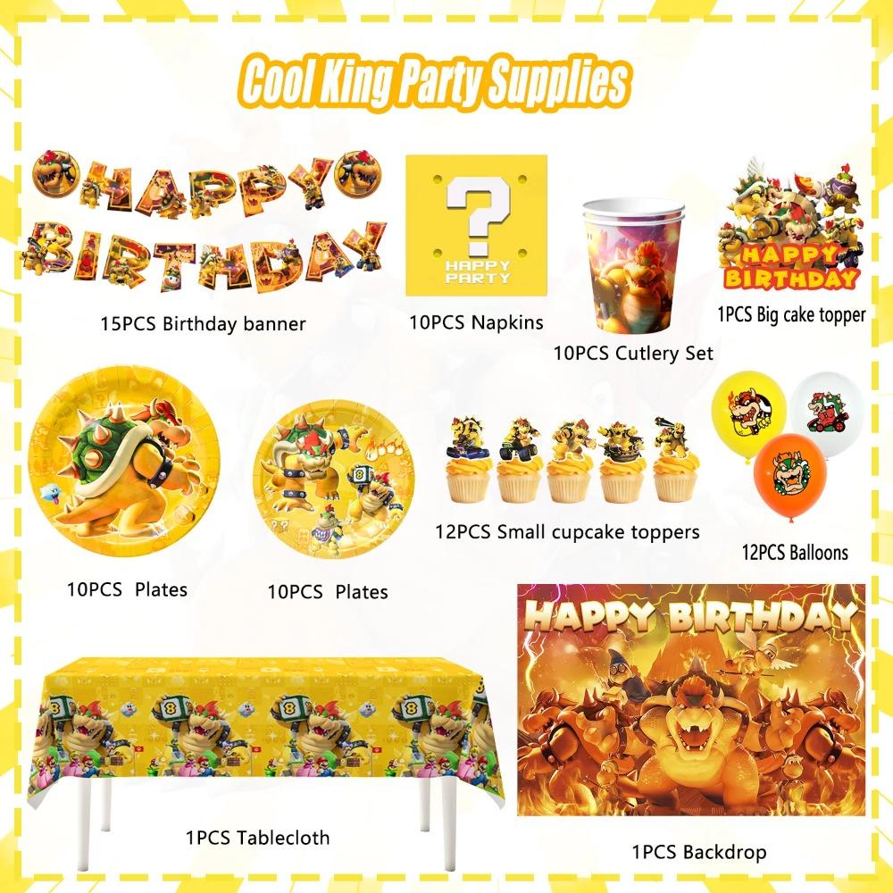 112pcs Bowser King Koopa Party Decorations - Bowser King Koopa Plates Banner Cake Toppers Tablecloth Etc Birthday Party Supplies