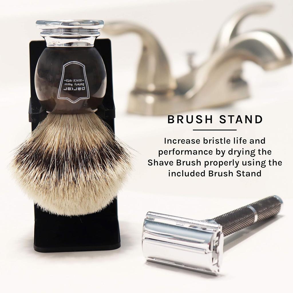Parker Faux Horn Handle Silver Tip Badger Hair Shaving Brush with Stand Shaving Barber HHST 100% Men's [Item]