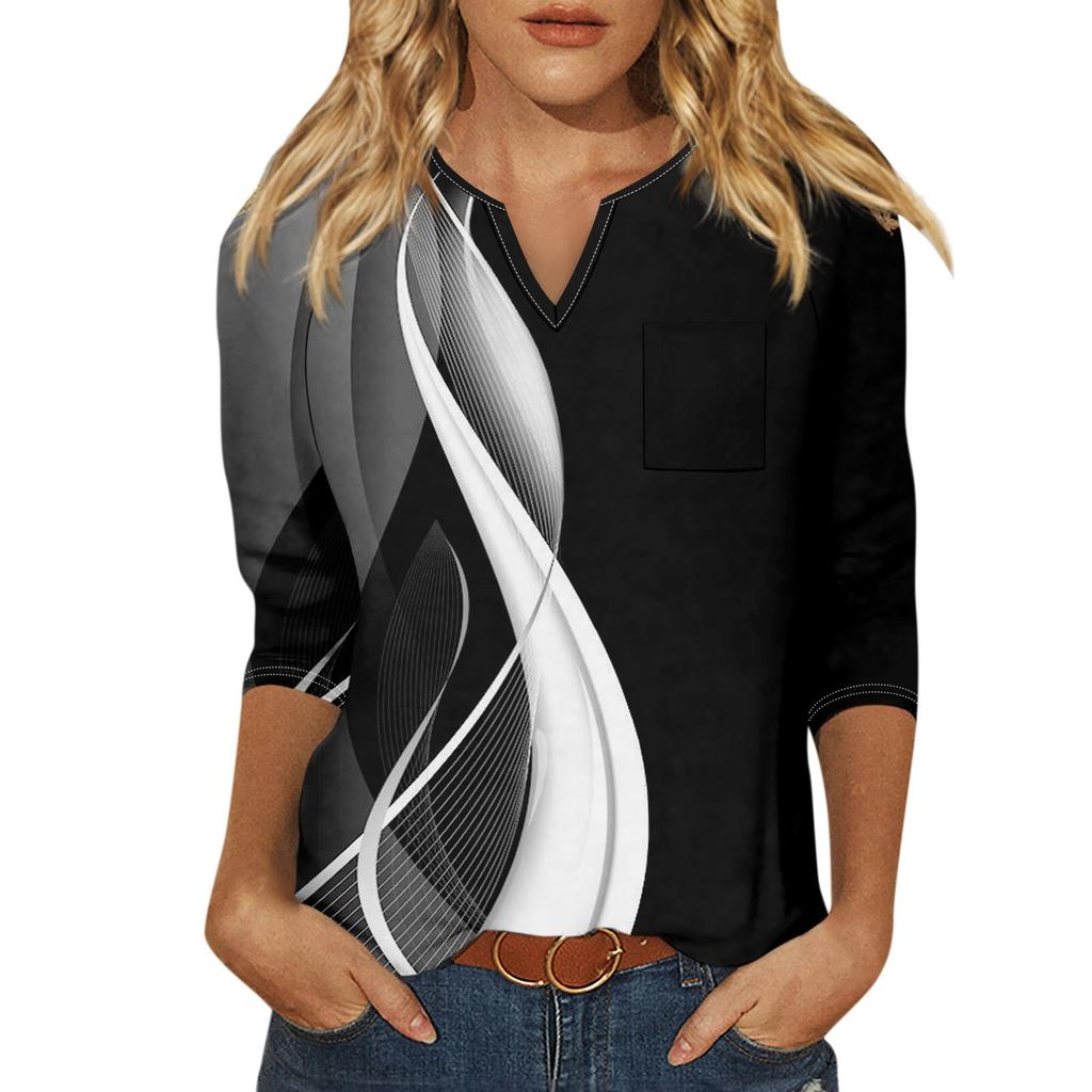 Women's Fashion Shirt Casual Raglan Sleeve Pocket V Neck 3/4 Sleeve Loose Printed T-shirt Women's Top