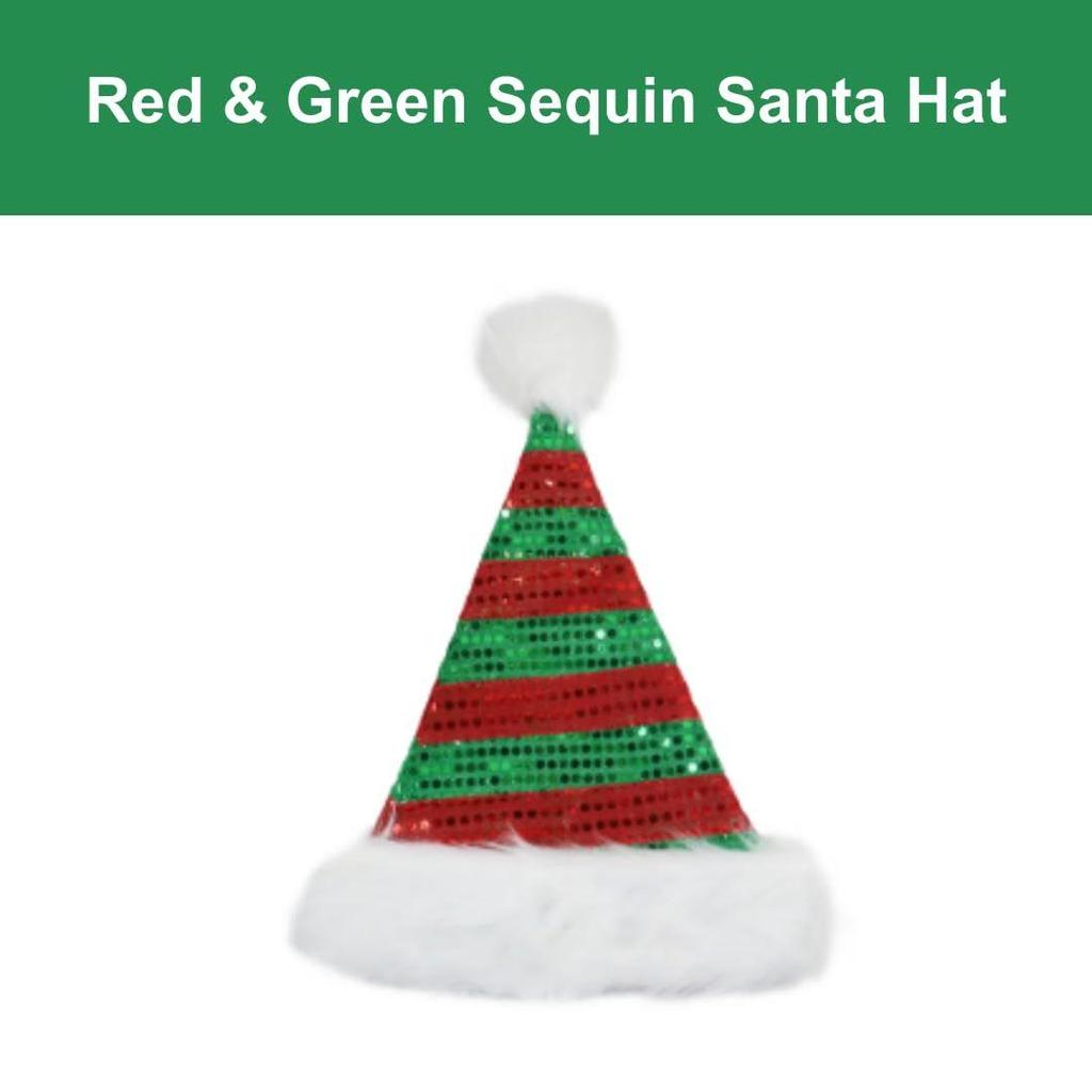 Red & Green Sequin Santa Hat With Plush Ball & Border for Christmas, X-mas Party, Adults - Santa Claus Cap