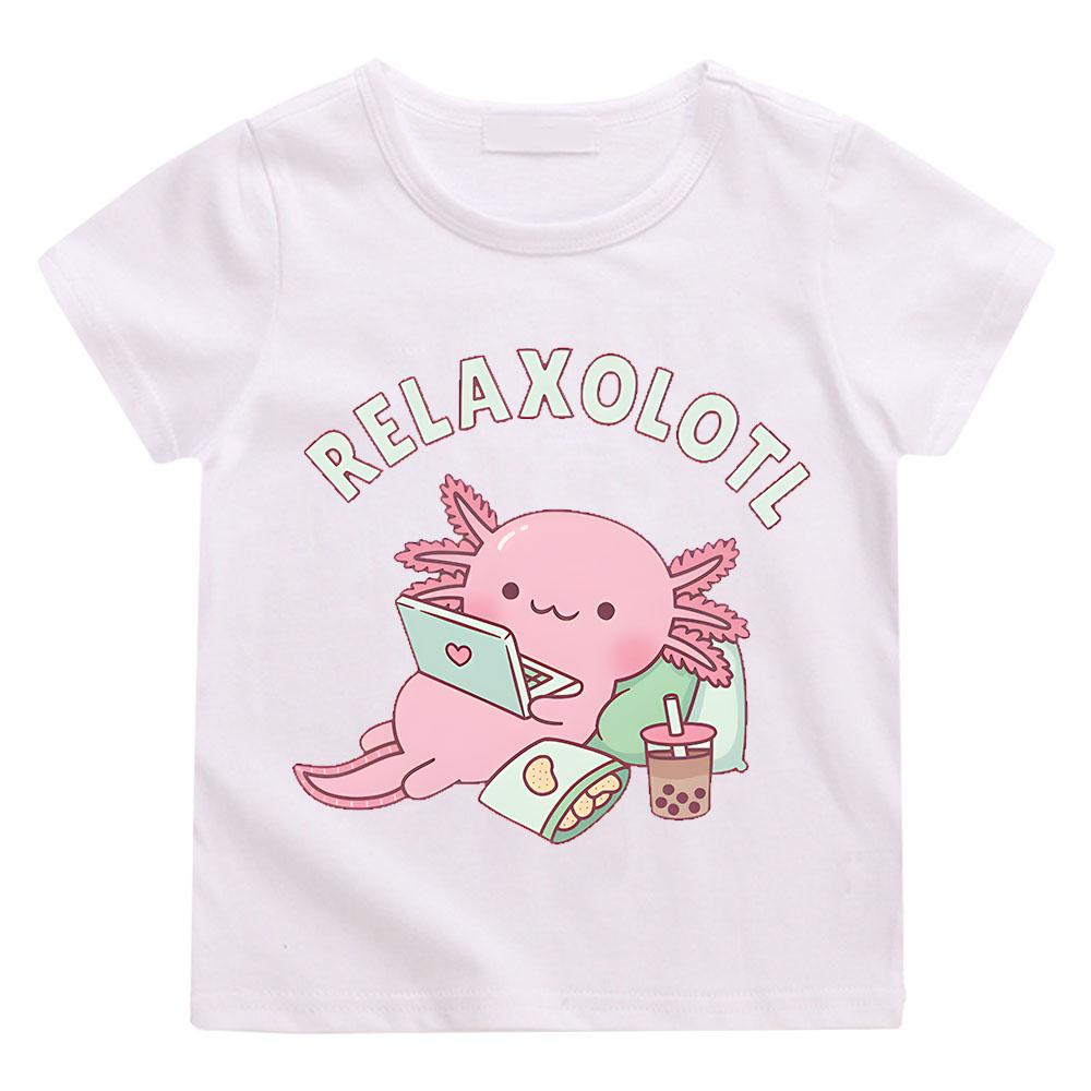 Милая детская футболка Relax A Lot Axolotl с рисунком из мультфильма, забавная каламбурная графика, одежда для мальчиков/девочек, хлопковые детские летние топы с коротким рукавом, футболки