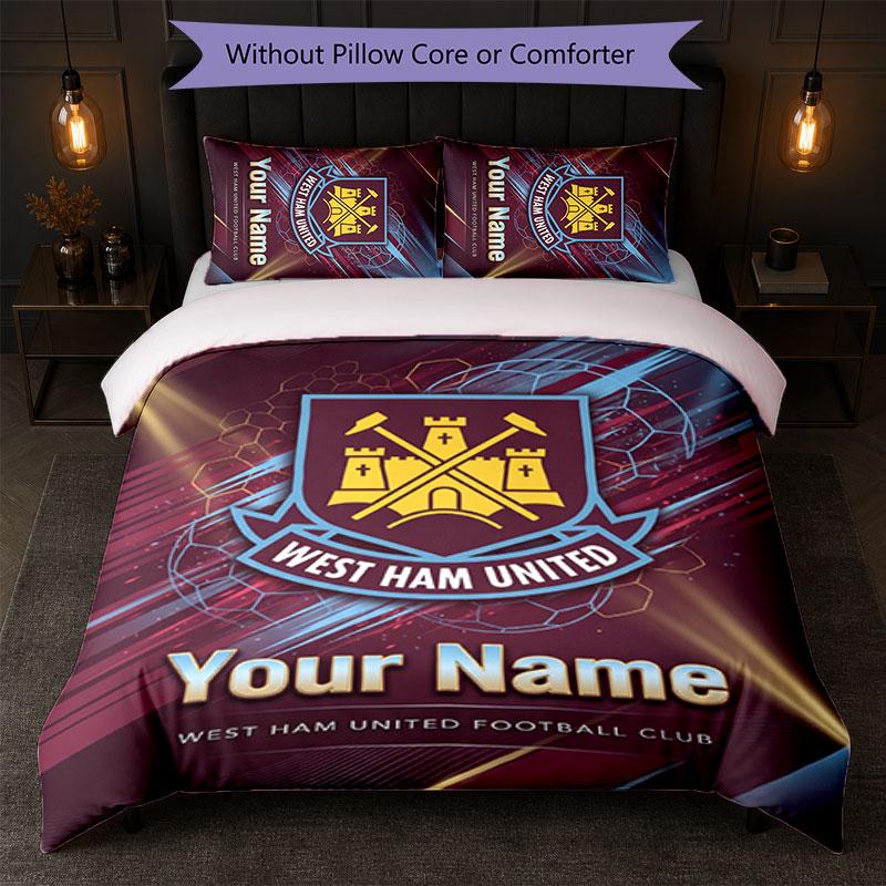 West Ham United FC Custom Name Text Bedding Set 1 Duvet Cover+2 Pillowcases Soccer Logo Personalized Gift For Special Occasion Bedroom Decor
