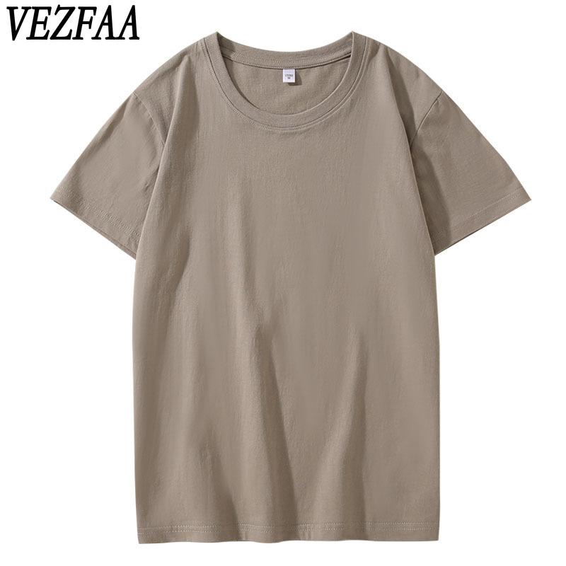 VEZFAA Женская мода повседневная однотонная блузка с принтом на лето и весну с коротким рукавом и круглым вырезом и рубашками