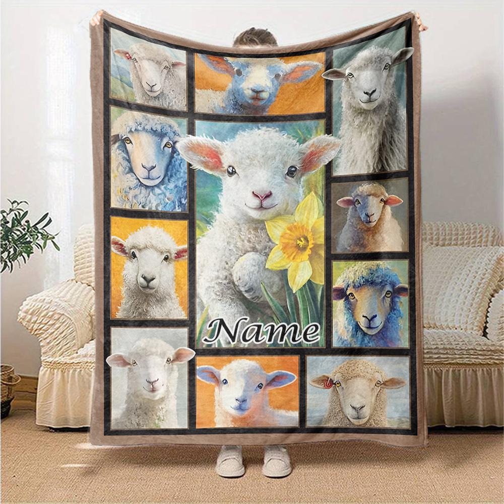 Sheep Collage With Daffodil Flower And Personalized Name Throw Customizable Blanket Customize Text Comfortable Versatile For Sofa Couch Office Bed