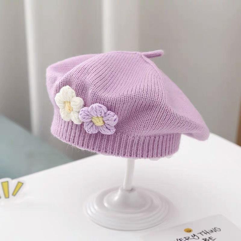 Fashion Baby Hat Solid Color Flower Girls Warm Beret Vintage Knitted Beret Hat Kids Autumn Winter Children Artist Painter Cap