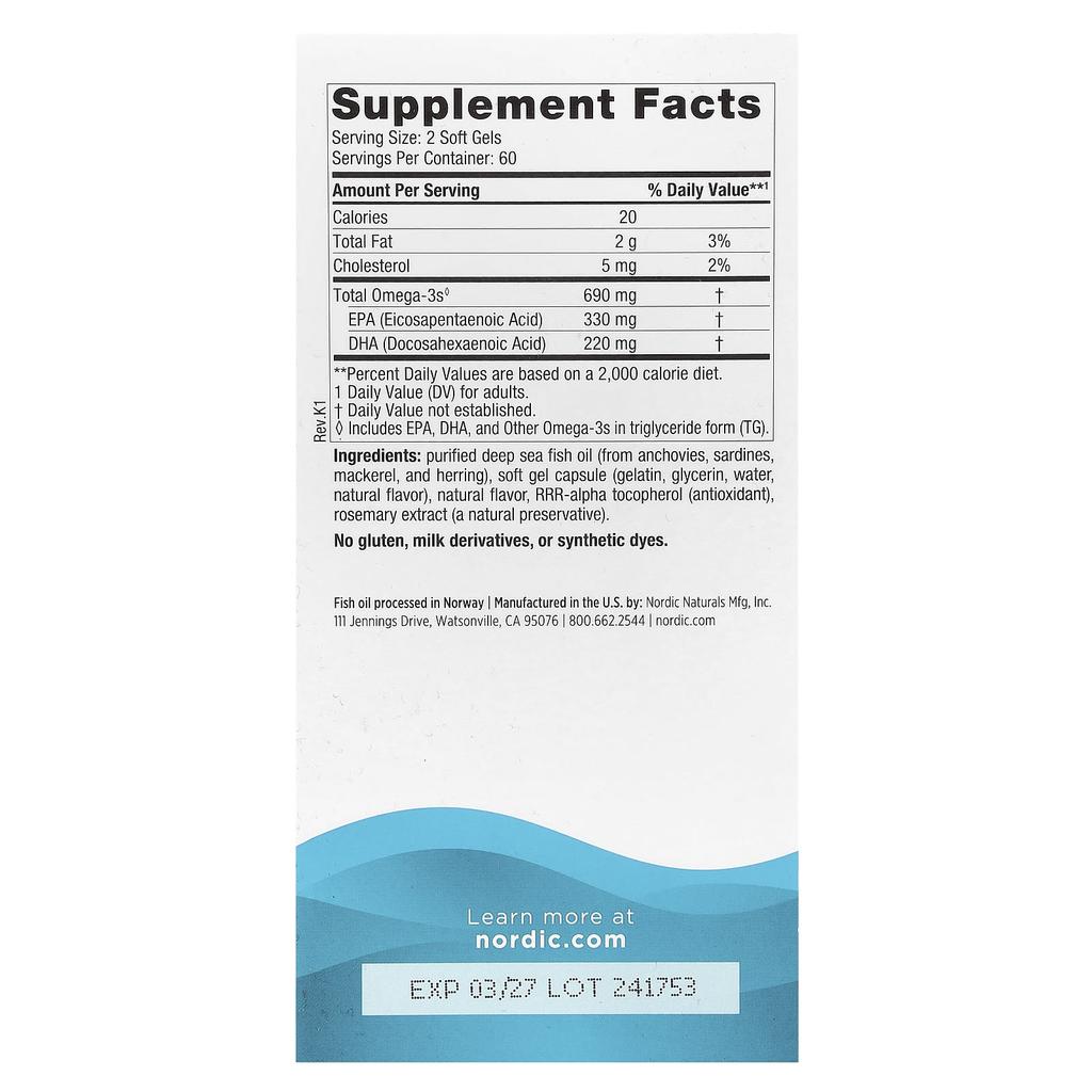 Nordic Naturals Omega-3, Lemon, 690 Mg, 120 Softgels (345 Mg Per Softgel)