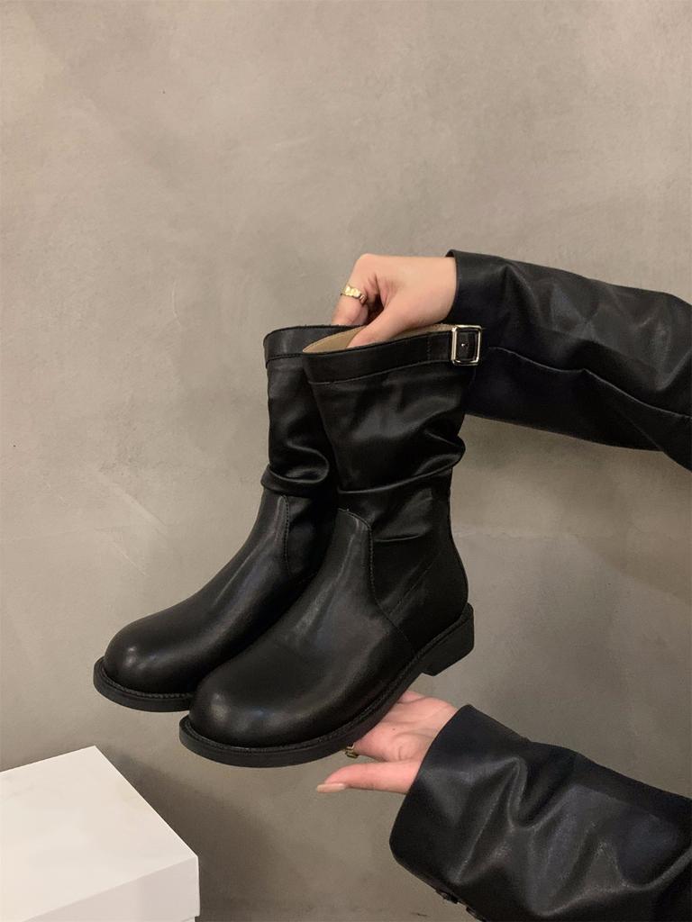 Ретро полусапожки на толстом каблуке, рыцарские сапоги, женская обувь 2024, новые осенне-зимние присборенные короткие сапоги, ботинки Мартин