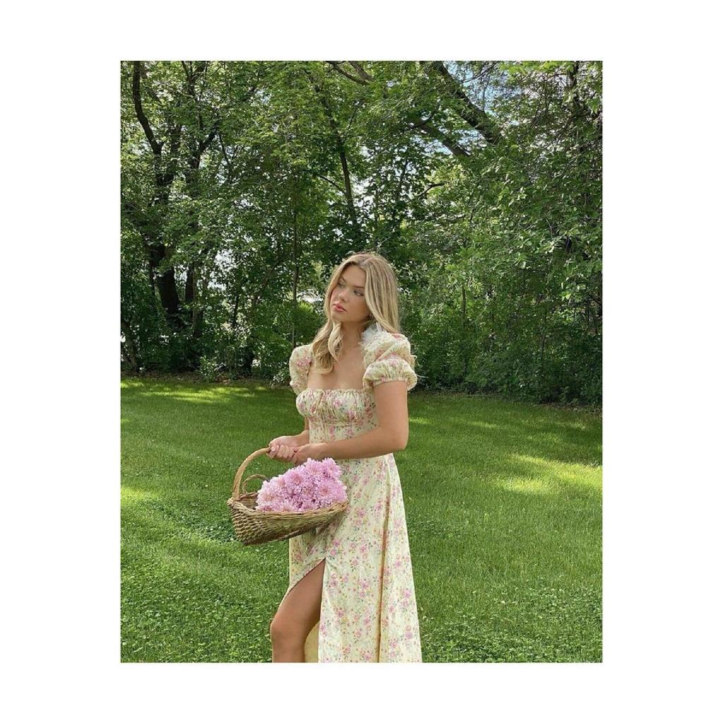 Women's Slit Loose Cut Skirt Collar Tie Detail Short Sleeve Blue Floral White Summer Dress