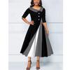 Retro A-Line Midi Dress with Skew Collar and Half Sleeves - All-Season Easy Care Polyester