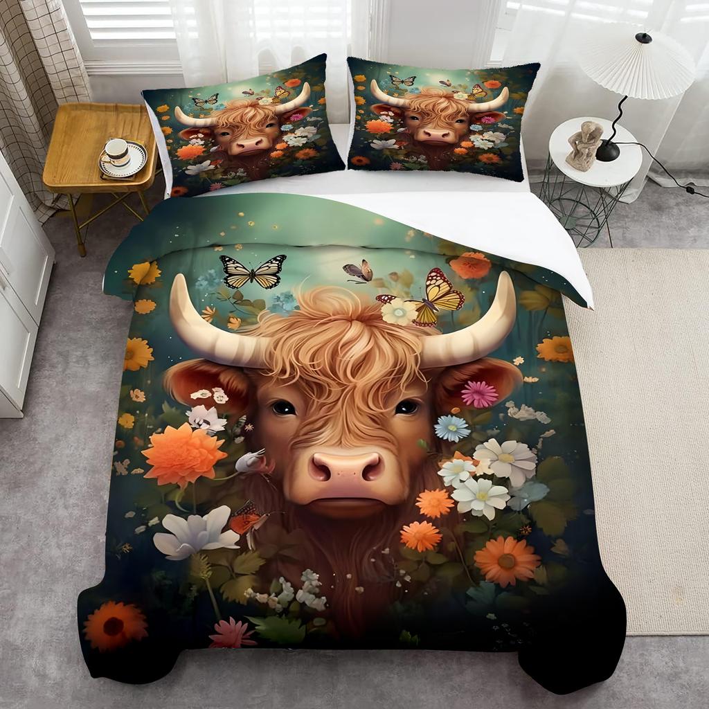 Cartoon Bull Flower 3D Printed Duvet Cover Set Lovely Wildlife Theme Bedding Set Soft Comfortable Luxury Quilt Cover Pillowcases