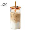 Clear Glass Cups for Milkshakes And Smoothies Square Borosilicate Cup with Lid Straw, 350ml Capacity, Heat-Resistant Reusable Tumblers Cold
