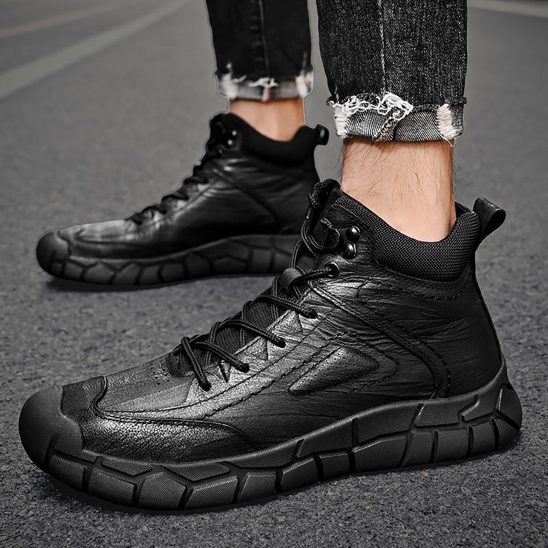 Fashion New Mens Motorcycle Boots Genuine Leather Boots Retro Style Basic Boots Men Casual Warm Snow Sneakers Non-slip Walking Shoes