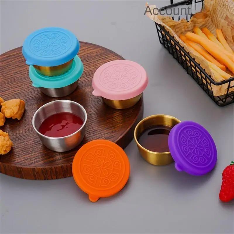 6pcs Multifunctional 304 Stainless Steel Sauce Dish With Silicone Lid, Sealed And Leak-proof Sauce Dish Tool Accessories Preserved Saucer