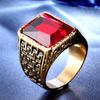 Geometric Carved Square Red Black 5A Zircon Diamonds Gemstones Rings Bague for Men 18k Gold Filled Stainless Steel Jewelry Cool