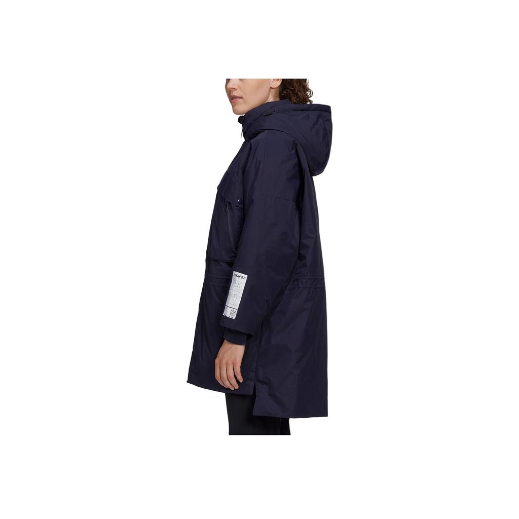 Adidas Однотонная повседневная куртка-пуховик средней длины с капюшоном для женщин, верхняя одежда, синяя GE9970