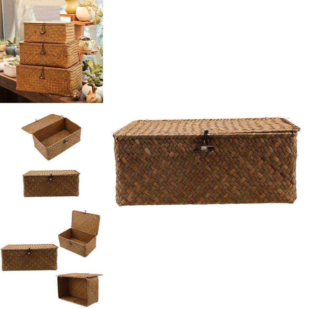 Винтажная желтая корзина для хранения из морской травы с крышкой, идеально подходящая для CD-дисков, пультов дистанционного управления и канцелярских принадлежностей