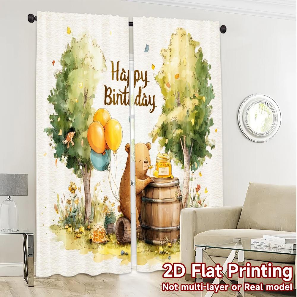 2pcs, 2D FLAT PRINTING Curtains (Without Rod) BearBirthday Modern Window Curtain Durable 100% Polyester Fabric Curtains Festive