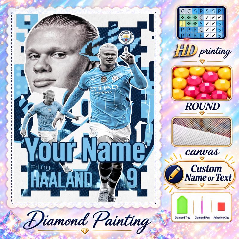 Erling Haaland 5D DIY Diamond Painting Custom Name Text, Full Drill Rhinestone Mosaic Art Home Gift