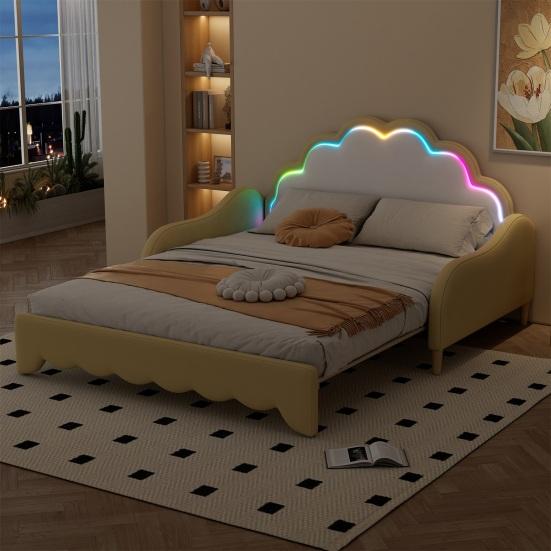 Shell Shape Flat Bed with Headboard Ambient Light Remote Control Mattress Wood Slat Support Bed Bedroom