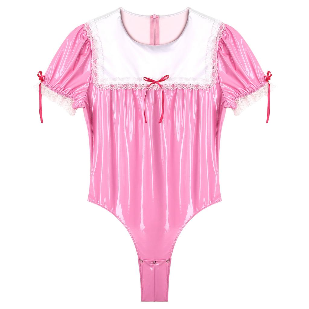 Мужской костюм для косплея Sissy Maid, комбинезон для трансвеститов, кружевная отделка, пышные рукава, купальник на молнии, боди из лакированной кожи