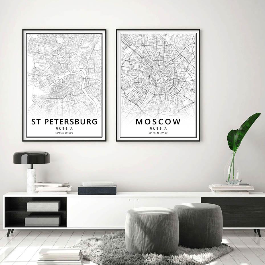 Черный, белый цвет Москва Санкт-Петербург карта города Россия плакаты печатает холст живопись современные настенные художественные фотографии Гостиная домашний декор