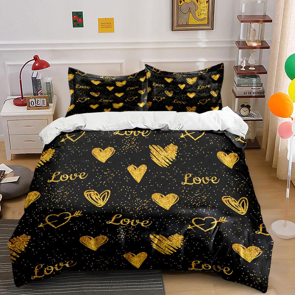 Golden Love Hearts Pattern Bedding Duvet Cover Set Duvet Cover Pillowcases (1*Duvet Cover 2*Pillowcases, without duvet insert)