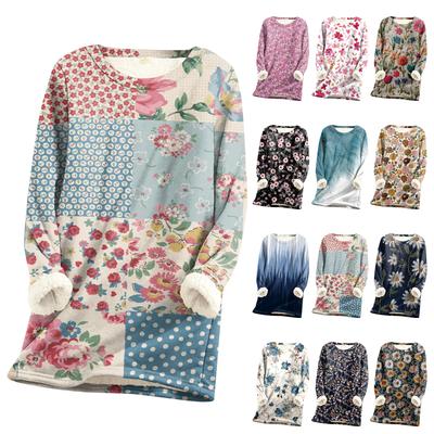 Женский топ с круглым вырезом и принтом из утолщенного плюша и кашемира, теплый длинный топ