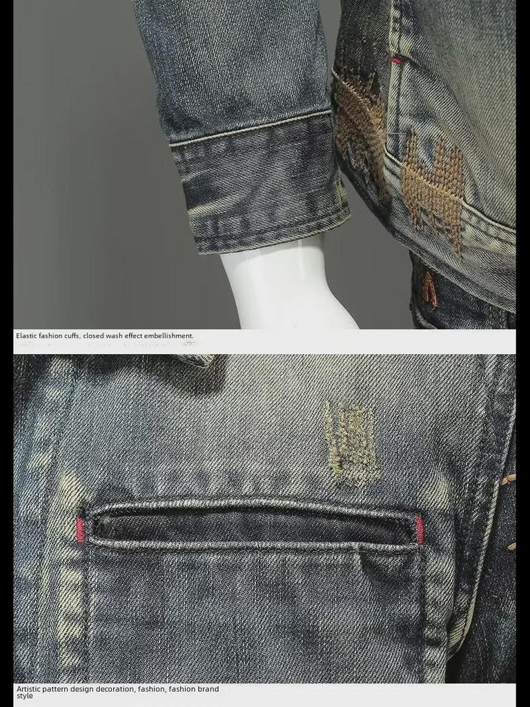 Мужская джинсовая куртка в стиле ретро с рваными краями — повседневный, модный, универсальный топ на осень/зиму